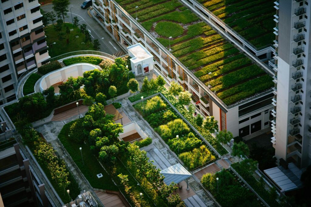 Bâtiment végétalisé illustrant les clauses environnementales et la RSE dans la commande publique
